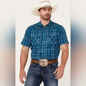 Ariat mens small holt retro snap blue plaid cotton short sleeve shirt western